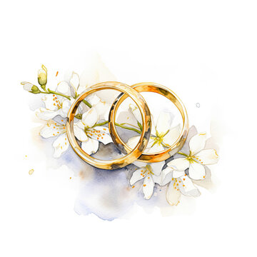 Gold Wedding Rings and Flowers Watercolor Painting on White Background