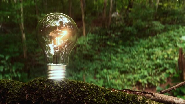 Animation of a glowing light bulb, symbolizing green alternative energy, eco-friendly power, sustainability, efficiency, and renewability.
