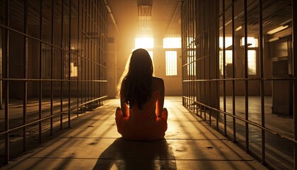 Young woman sitting in a dungeon prison alone.
