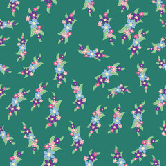 Floral seamless pattern with titian, lavender, blue, purple chamomile flower and leaves on pastel background