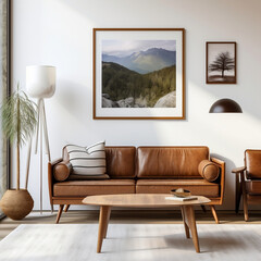 modern living room with a leather brown sofa and a picture on the wall
