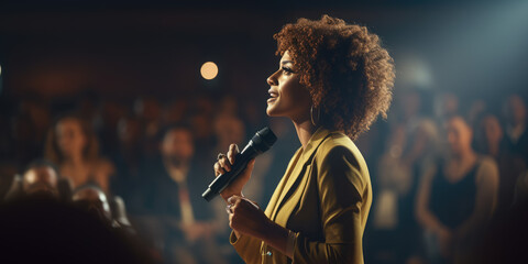Speaker Woman Performing on Stage and Speaking to Large Audience, Event Professional.