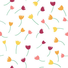 Seamless floral pattern with colorful tulip flowers, leaves and petals. Retro from the 1970s
