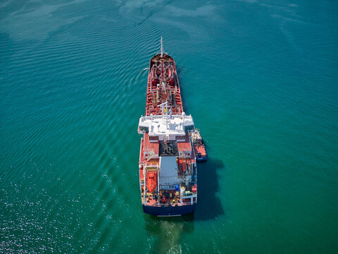 Aerial top view Oil ship tanker carier oil from refinery on the sea. Aerial top view