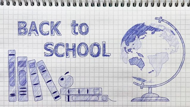 A rotating globe and school books are drawn with a ballpoint pen. Hand drawn and animated Back to School concept on a school notebook page.