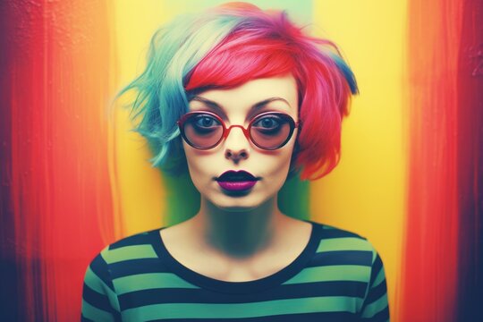 Colorful haired weird young woman, photograph instagram style