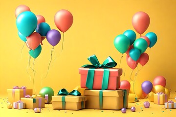 3d illustration. Balloons and gift box on yellow background. Minimal and Birthday party concept