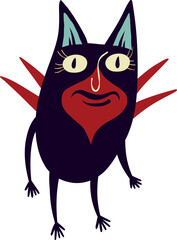 Funky funny cat with wings and strange face . Vibrant Halloween character.