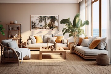 The living room interior is fashionable, featuring a modular sofa, various furniture pieces, an armchair, a coffee table, decorative rattan items, a picture frame for display purposes, comfortable