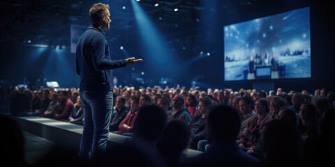 Speaker performing on stage with spotlight talking to many people in audience, event professional.