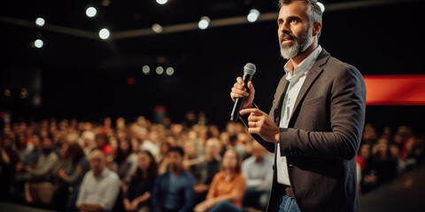 Speaker performing on stage with spotlight talking to many people in audience, event professional.