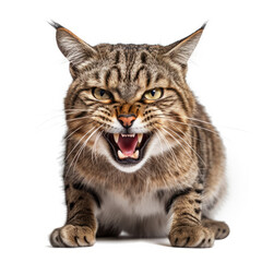 Fototapeta premium Angry Singapura Cat Hissing Aggressively on White Background