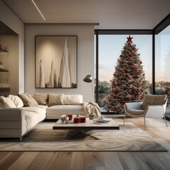 Interior of contemporary Christmas living room. Created using generative AI