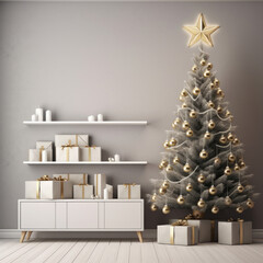 Adorable festive Christmas setup with cool gray background.  Created using generative AI
