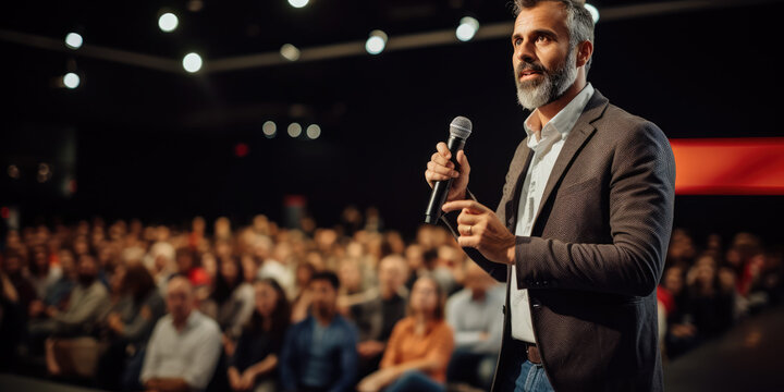 Speaker performing on stage with spotlight talking to many people in audience, event professional.