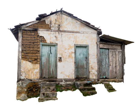 Dilapidated clay barn used for farming tools and animals. Old, vintage, abandoned bamboo and clay house on the mountain. isolated on white background
