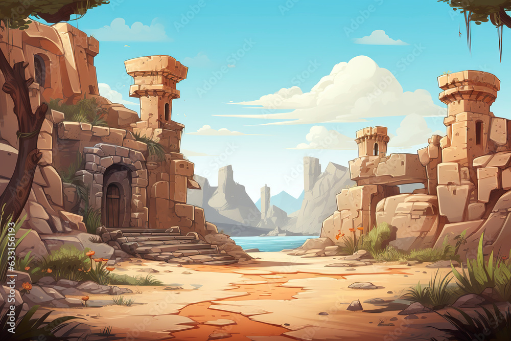 Wall mural abstract 2d desert ancient ruins background environment for adventure or battle mobile game. cartoon