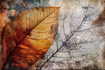 Generative AI illustration of top view of autumn background consisting of brown leaf placed on multicolored paper