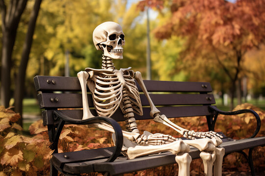 Skeleton sitting on the park bench too long