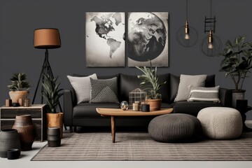 The living room interior is well decorated with a brown sofa, a wooden coffee table, a plant in a flowerpot, a black stool, a gray pillow, a patterned rug, and various personal accessories. The design