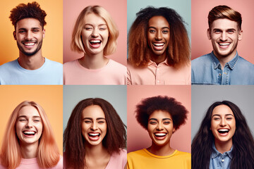 Collage of many happy smiling positive multicultural faces of young people over colorful backgrounds