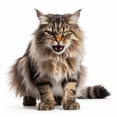 Obraz premium Angry Norwegian Forest Cat Hissing Aggressively on White Background