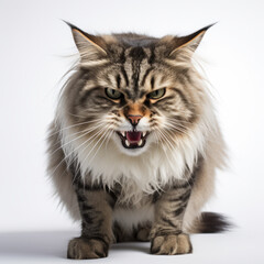 Fototapeta premium Angry Norwegian Forest Cat Hissing Aggressively on White Isolated Background