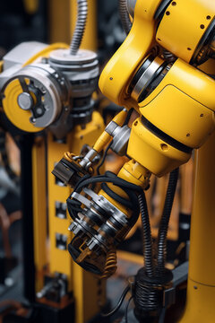 Generative AI illustration of yellow painted robotic machine components with moveable steel joinery and fabricated engineering parts in workshop