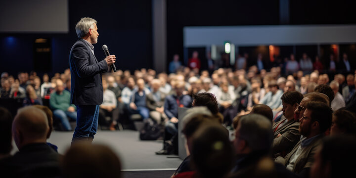 Speaker performing on stage with spotlight talking to many people in audience, event professional.