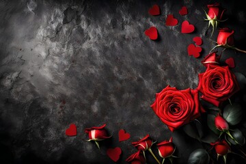 Valentine`s day greeting card with red rose flowers bouquet on stone background. Top view with space for your greetings