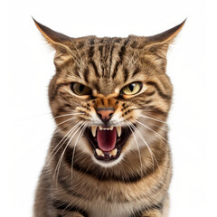 Angry Pixiebob Cat Hissing Aggressively on White Background