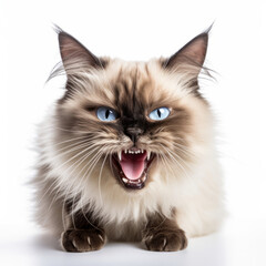 Angry Ragdoll Cat Hissing Aggressively on White Background