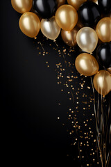 Party balloons, decoration background for birthday, anniversary, wedding, holiday, beige, black and gold glitter color composition, with space for text - 633157301