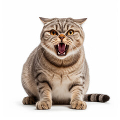 Angry Scottish Fold Cat Hissing Aggressively on White Background