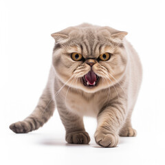 Fototapeta premium Angry Scottish Fold Cat Hissing Aggressively on White Background