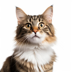 Confused Kurilian Bobtail Cat with Tilted Head on White Background