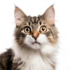 Obraz premium Confused Kurilian Bobtail Cat with Tilted Head on White Background