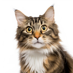 Obraz premium Confused Kurilian Bobtail Cat with Tilted Head on White Background