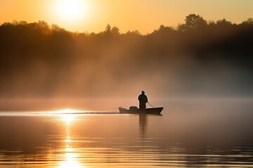 Fototapeta na wymiar A fisherman fishing in a boat on a lake with fog during sunrise