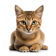 Fototapeta premium Visibly Sad Manx Cat with Ears Down on White Background