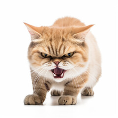 Obraz premium Angry Munchkin Cat Hissing Aggressively on White Background