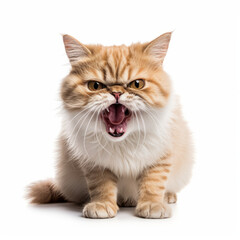 Angry Munchkin Cat Hissing Aggressively on White Background