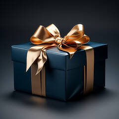 3d gift box with a ribbon, in dark blue and gold color.