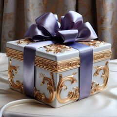3d gift box with a ribbon, in white, purple and gold color.