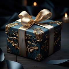 3d gift box with a ribbon, in dark blue and gold color.