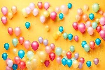 Fototapeta na wymiar Set of colorful realistic mat helium balloons floating on yellow background. Vector 3D balloons for birthday, party, wedding or promotion banners or posters