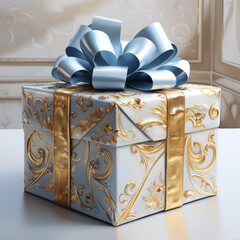 3d gift box with a ribbon, in white, blue and gold color.