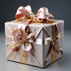 3d gift box with a ribbon, in pink and gold color.