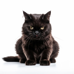 Angry Bombay Cat Hissing Aggressively on White Background