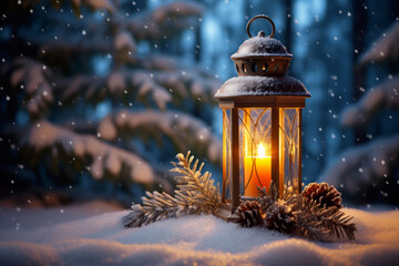 Christmas lantern on snow with fir branch in evening scene - obrazy, fototapety, plakaty